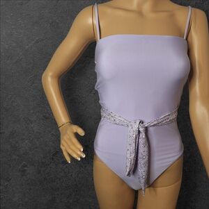 Aqua Lilac Strapless-Style One-Piece with Printed Tie